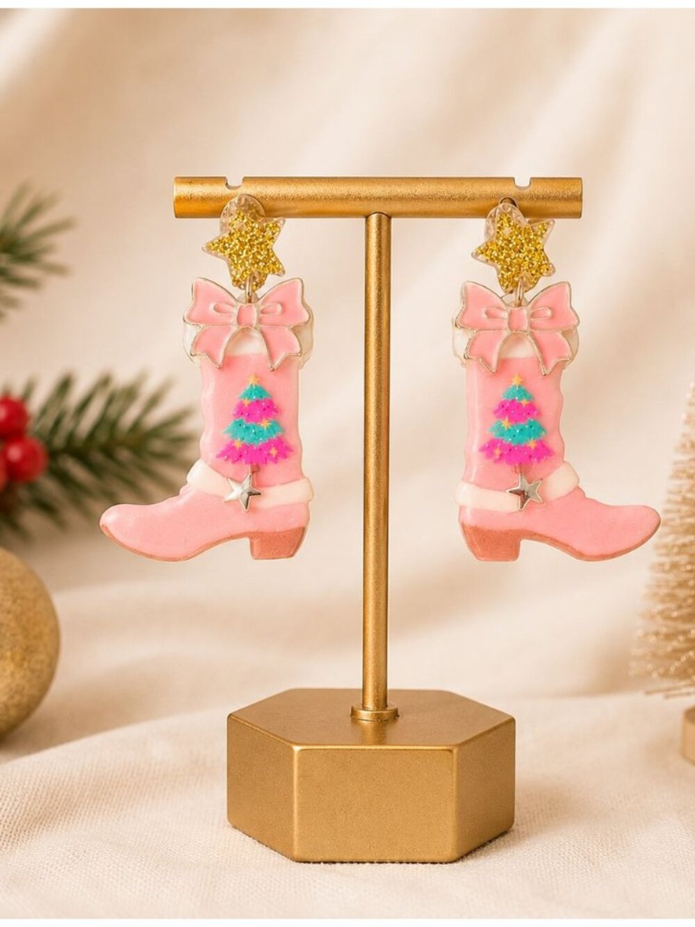 Pink Christmas Cowboy Boot Earrings Western Holiday Party Tree Dangle Jewelry